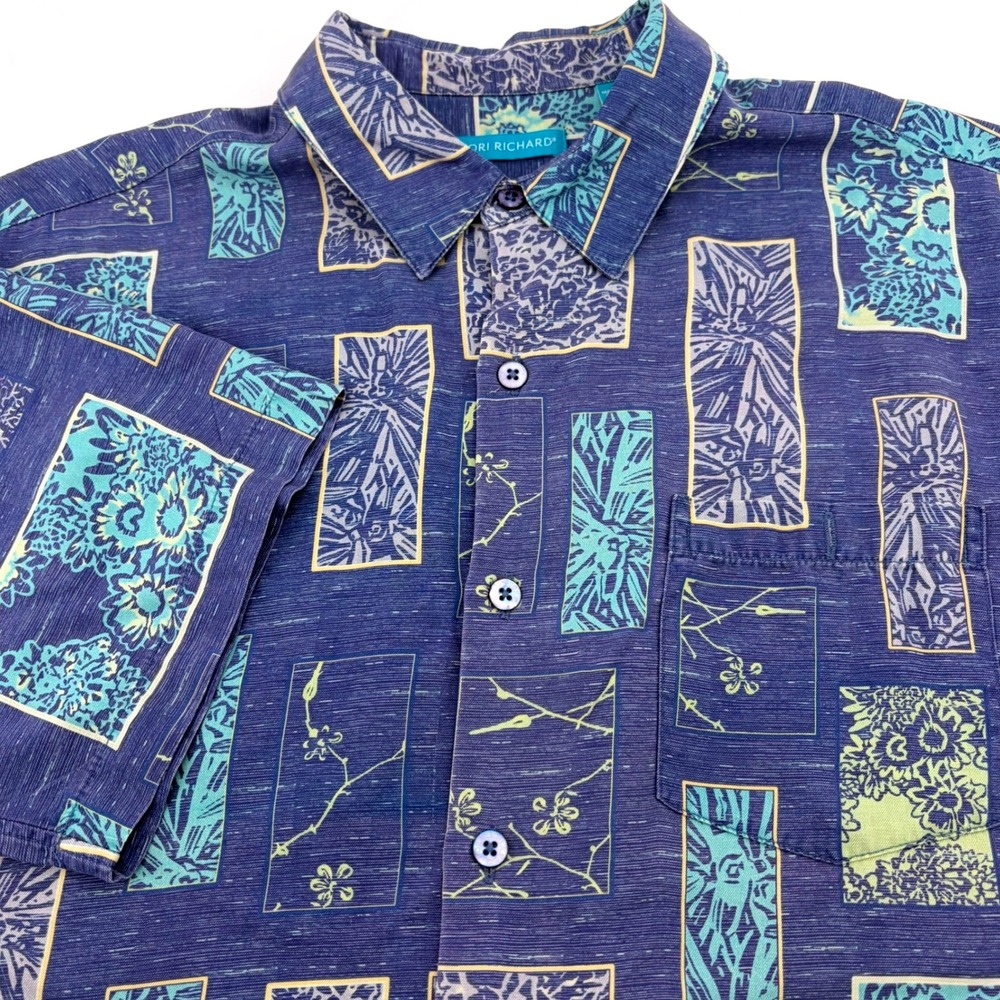 Tori Richard Mens Large Silk Lyocell Blue Tropical Block Print Button Down Shirt